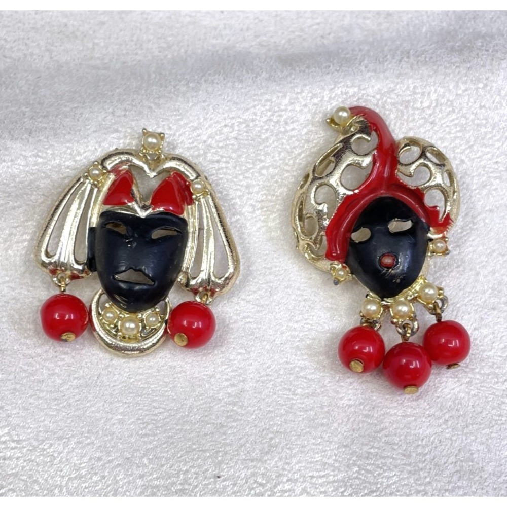Vintage Blackamoor Venetian Mask Brooch Pair Red Enamel Beads Dangle Pins